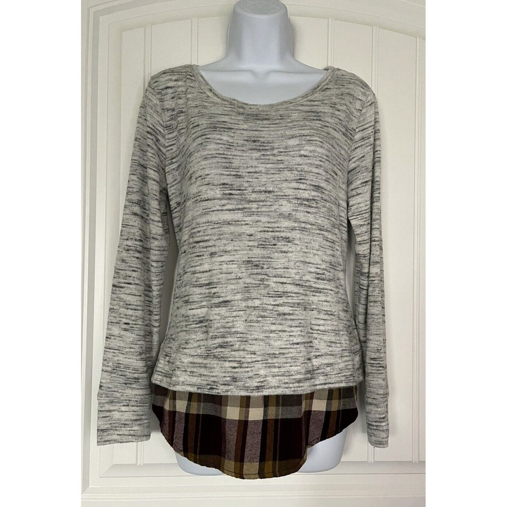 Maurices Shirt Womens Small Gray Flannel Long Sleeve Layered Knit Ladies Top
